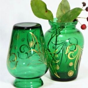 2Vintage miniature green glass bud vases with gold leaf details